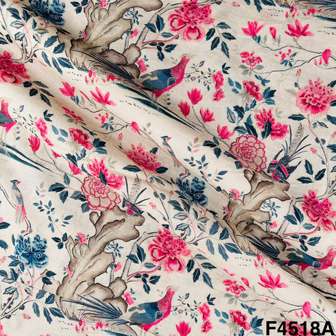 Flower Print Tussar Silk Fabric- F4518